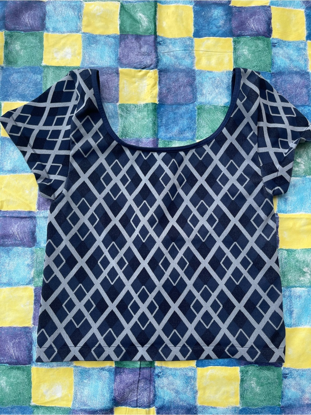 Navy Geometric Scoop Neck Crop Top